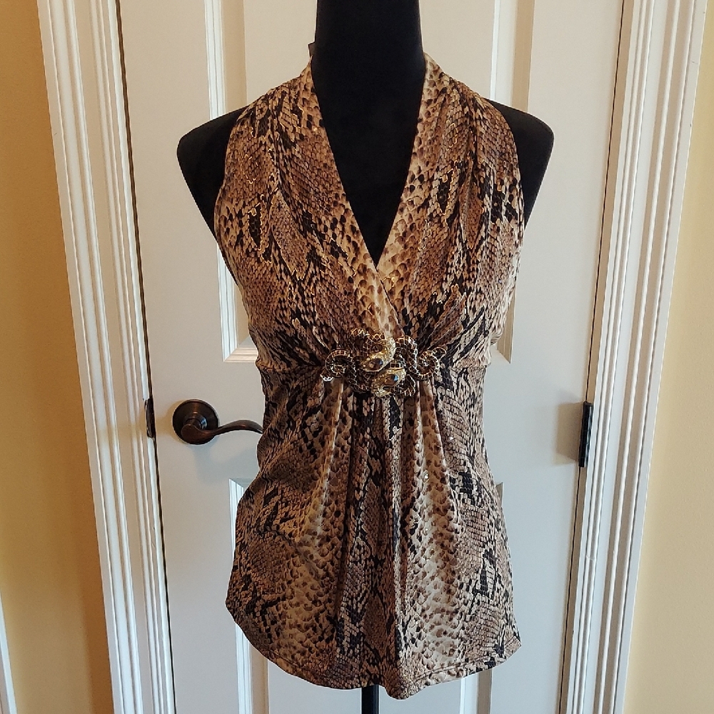 Cache Brown and Tan Wrap Blouse with Embellished Details